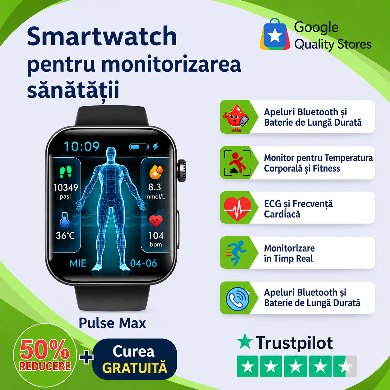 (Ofertă specială) Ceas inteligent pentru monitorizarea stării de bine, puls și apeluri
